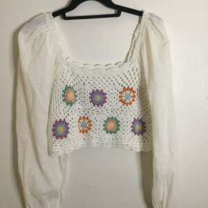 Boho Crochet Granny Square Crop Top White Long Sleeve Festival Peasant Blouse